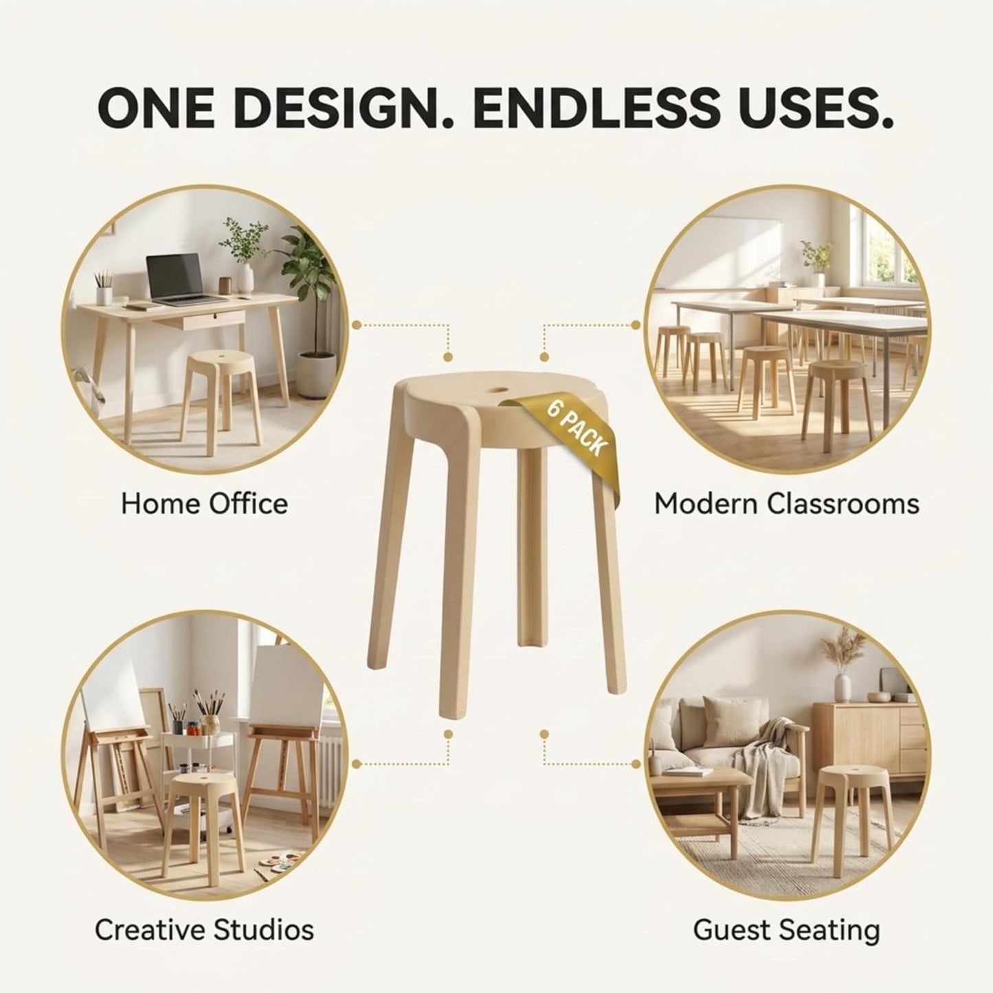 Stackable Stools Set of 6 - Durable Plastic Seating for Classroom & Home Office | 18-Inch Height, Supports 500 lbs | Beige