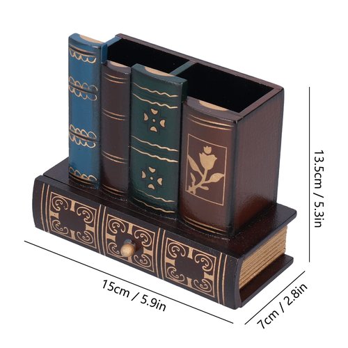 Tomotato Antique Books Design Retro Pen Holder, Wood Decorative Desk Organizer Caddy Wooden Pencil Organizer for Office Countertop Desk Table (6 x 5 x 3in)