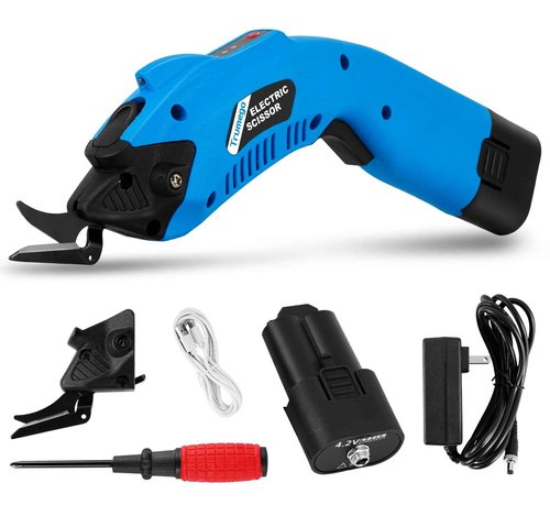 Trumego Electric Scissors Cordless Box Cutter Rechargeable & Pluggable, Power Sewing Scissor for Cutting Fabric, Cardboard, with 2 Blades (1 Battery)