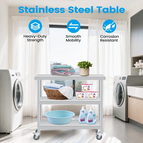 Stainless Steel Table, 14 x 36 Inch, 3-Tier Metal Prep Table with 2 Lockable Wheels, Undershelf, Commercial Kitchen Utility Workstation for Restaurant, Hotel, Laundry, Garage, Indoor, Outdoor, BBQ