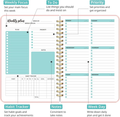 Rosy Undated Weekly Planner - A5 Goal & Habit Tracker Notebook with Spiral Binding, 6.1" x 8.2"