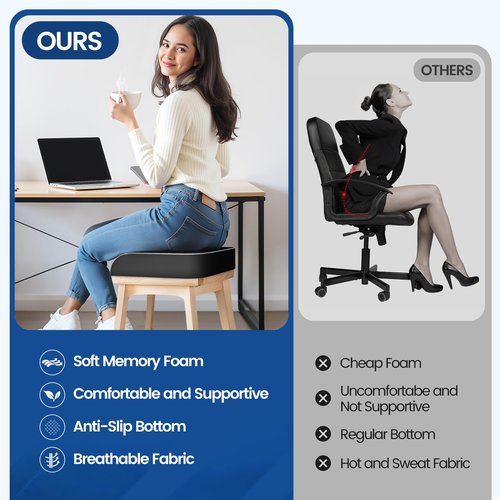 SweetSlubr Seat Cushion for Tailbone Pain Relief, Office Chair Cushion, Memory Foam Large Chair Cushion with Non-Slip Cover for Soft Support at Office Chair, Car Seat, Airplane Black/Large