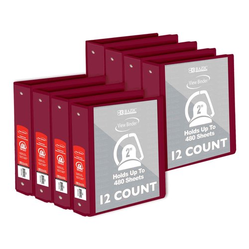 BAZIC Products 3 Ring Binder 2" View Binders Slant D Ring Organizer - Burgundy, Hold 480 Sheets Paper, for School Office Home, 12-Count