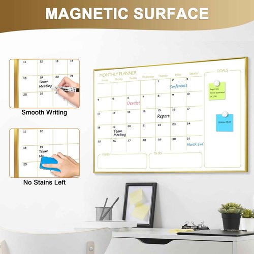 QUEENLINK Large Dry Erase Calendar Whiteboard for Wall, 36'' x 24'' Monthly White Board Planner with Gold Frame, Magetic Hanging Wipe Board for Home Office School Dorm