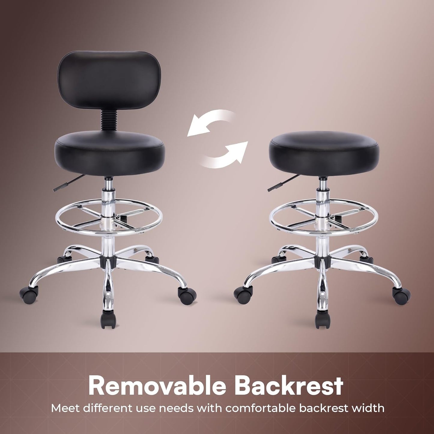 SUPERJARE Drafting Chair - Adjustable Rolling Stool with Foot Rest & Thick Cushion - Black