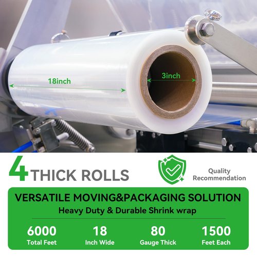 PAFEI 18" x 1500' Platic Stretch/Shrink Wrap Roll - 80 Gauge Industrial Shrink Wrap for Moving, Heavy Duty 800% Stretch for Pallets, Packing, Shipping&Furniture Protection-4 Rolls