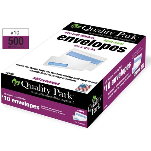 Quality Park #10 Left Window Security Tinted Envelopes with a Self Seal Closure for Standard Business Mailings, 24 lb. White Wove, 4-1/8 x 9-1/2, 500 per Box (21418)