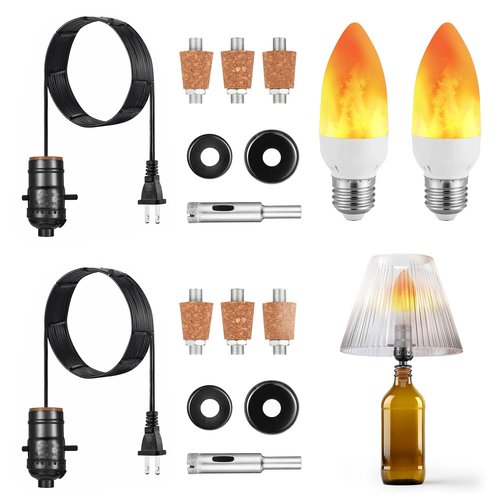 2 Set DIY Wine Bottle Lamp Kit with E26 LED Light Bulbs for Liquor Bottle, w/Glass Drill Bit and Lid, Black Cord w/Lamp Socket, 3 Size Tapper Cork (W/ 2 Flame Effect Light Bulbs)