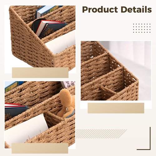 Desktop Woven Mail Organizer, Farmhouse Desk Organizer, Natural Paper Rope, 4 Compartments, Home Sundry Office Supply Organizer