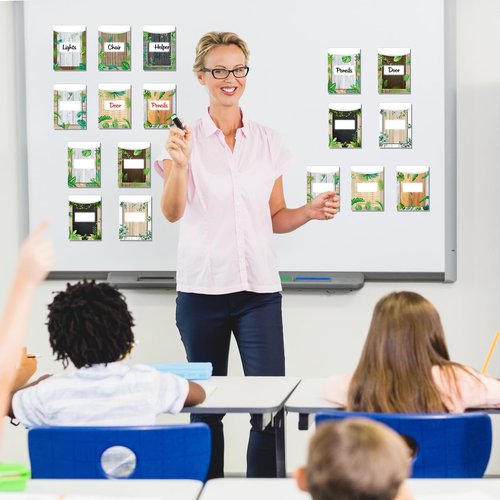 MotiMind 100 Pcs Class Library Card Pockets, Classroom Jobs Bulletin Board Library Pockets Chart with Erasable Pen and Glue for Chalkboard Home Office Back to School Decor(Green Leaf Countryside)