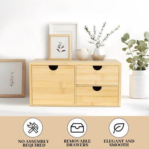 SeekElegant Bamboo Desk Organizer, Desktop Organizer with 3 Drawer, Tabletop Storage Organization Box for Bills, Countertop, Home Office Supplies