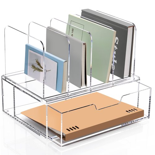 SANRUI Acrylic Desk Organizer with Sliding Drawer, Clear 4 Vertical Compartments Storage File Holders, Multi-Functional Workspace Office Supplies Accessories Organizers