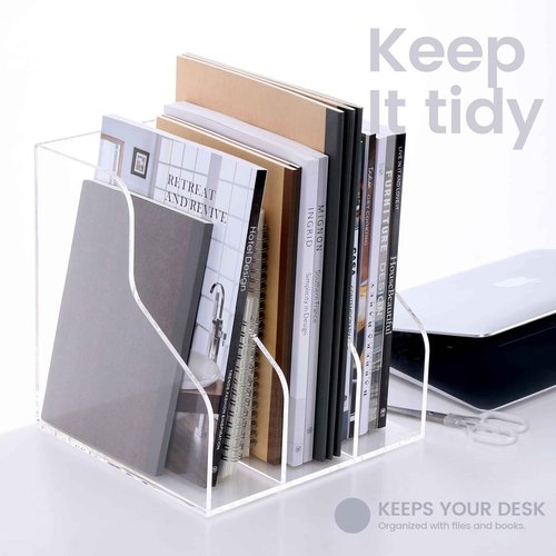 HeZone Desk File Organizer, Acrylic Magazine File Holder with 3 Vertical Compartments Rack File Sorter for Office Home Classroom Desk Organization, Clear…