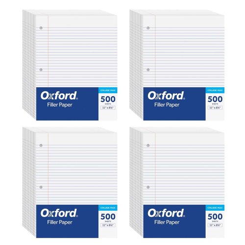 Oxford Loose Leaf Paper, 2000 Sheets, College Rule Filler Notebook Paper, 8-1/2" x 11", 3-Hole Punched Fits 3-Ring Binders, 4 packs of 500 (62331)
