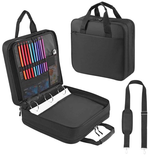 Quoyiyo Zipper Binder 3 Ring with Shoulder Strap, 2 Inch O-Rings, 500-Sheet Capacity, Binder Bag with Expanding File Folder & Multi-Pockets, Trapper keeper fits for 13 Inch Laptop (Black)