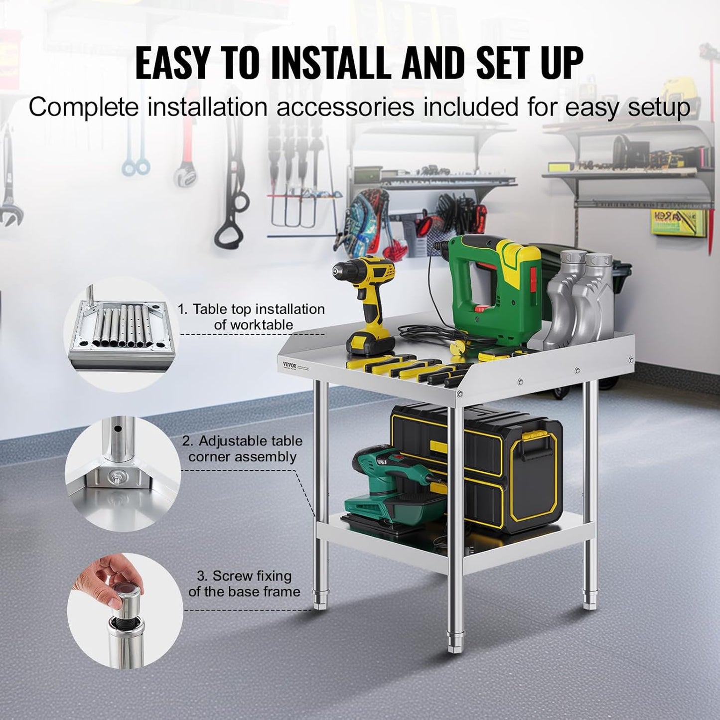 VEVOR Stainless Steel Work Table - Heavy Duty 24" x 24" Commercial Food Prep Table with Adjustable Height & 3-Sided Backsplash