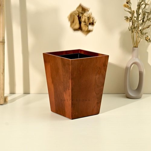 Brick Brown Premium Solid Wood Trashbin Multipurpose Furniture Basket for Home Living Room Office | Dustbin with Removal Metal Inner Liner from Mahogany Collection (Dwindle, 8x8x9.8 Inch)