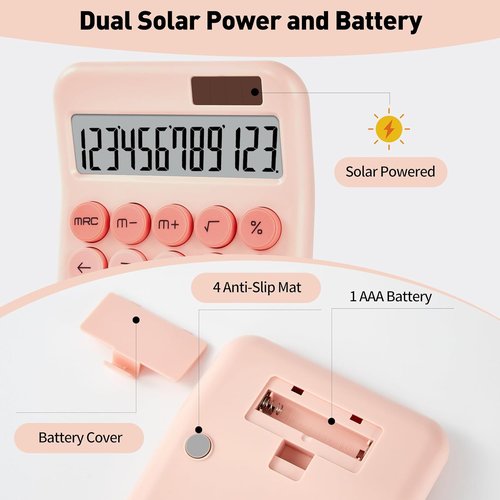 KANBIT Small Desktop Calculator - LCD Large Display, Dual Solar & Battery Powered | Cute Pink Office & School Accessory