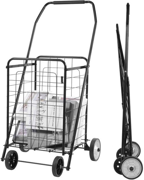 Elevon Foldable Shopping Utility Cart, Collapsible Durable Grocery Utility Cart with Rolling Wheels for Easy Storage, Laundry, Book, Luggage Travel, Compact Portable, Black