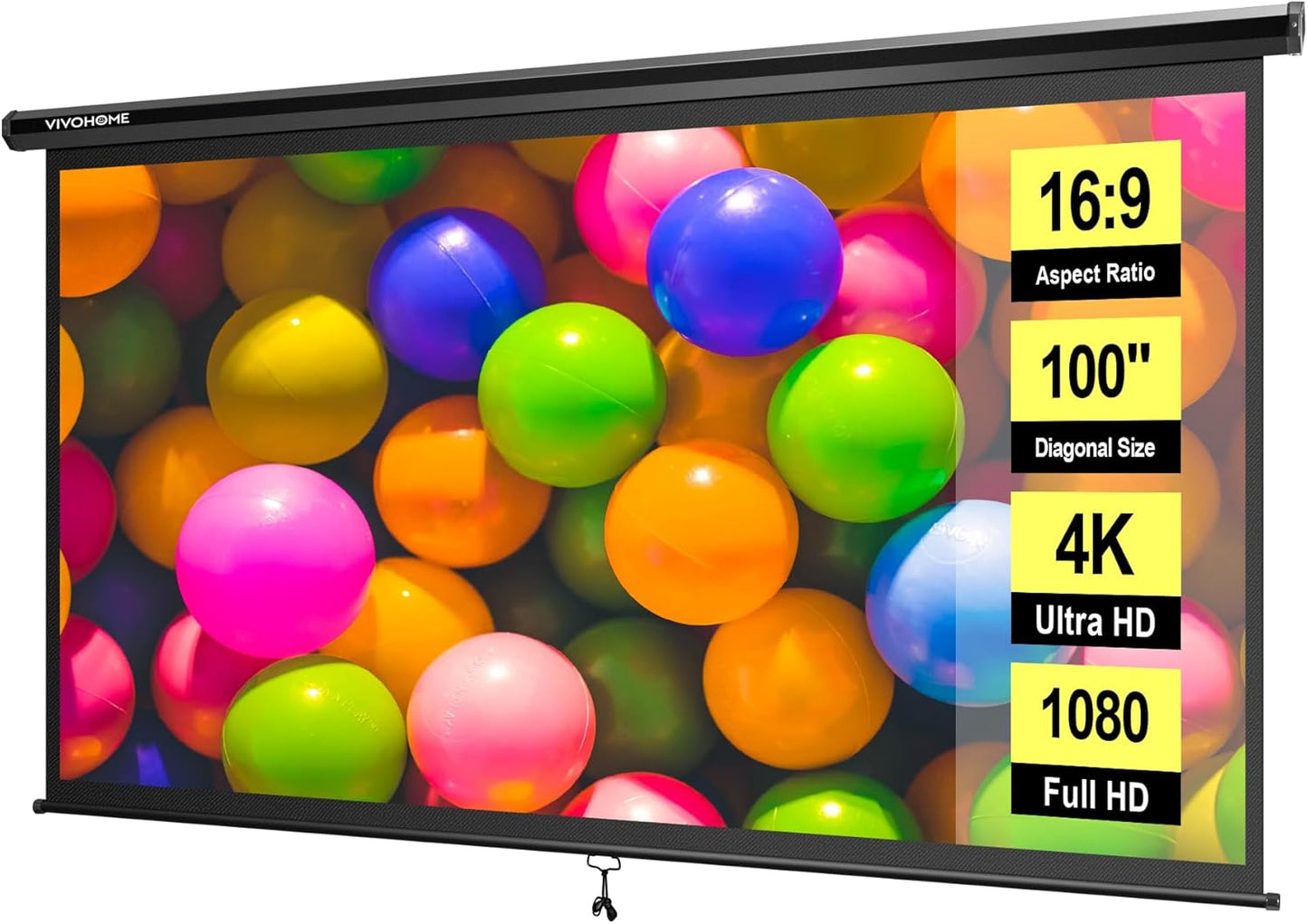 VIVOHOME 100 Inch Pull Down Projector Screen - HD 4K Retractable Movie Screen for Home Theater | Manual with Auto Locking (87W x 49H Inch Display)