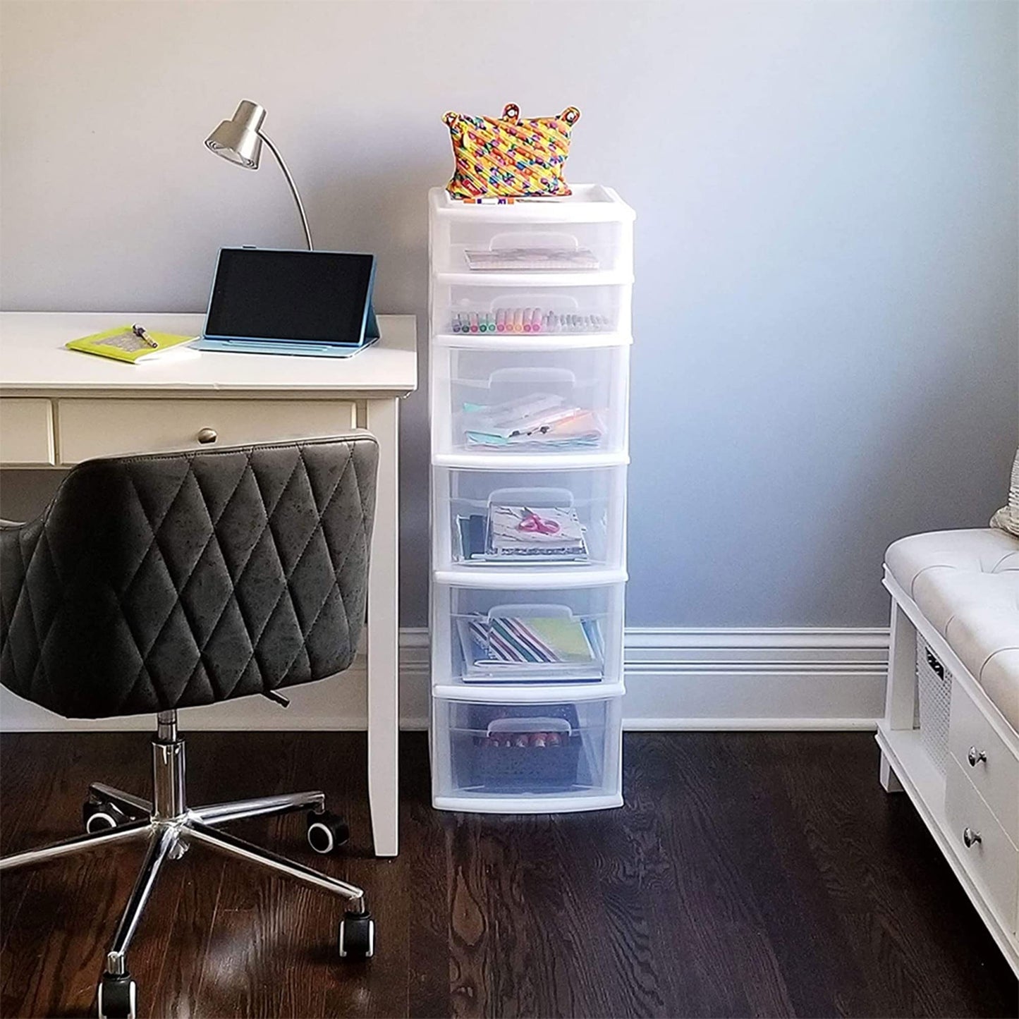 HOMZ 1-Pack Drawer Tower, 6-Tier Clear Plastic Storage Organizer Cart, White Frame - Heavy-Duty Organizing Drawers for Home, Bedroom, and Closet Organization