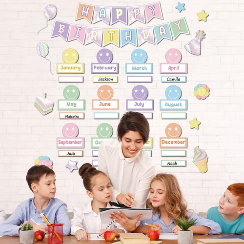 Pastel Smile Face Birthday Bulletin Board Set Happy Face Classroom Bulletin Board Decors Happy Birthday Nameplates Cake Paper Cutouts for Back to School Classroom Chalkboard Wall Door Teacher Supplies