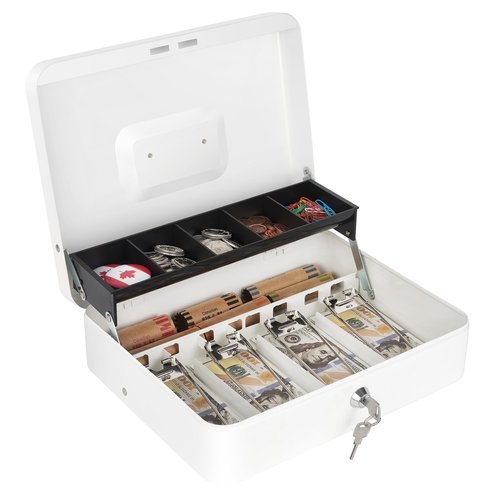 Sumerfnt Cash Box with Lock and Money Tray Money Box for Cash, Metal Lock Box for Money Cash Register - 11.8" x 9.4" x 3.54" White