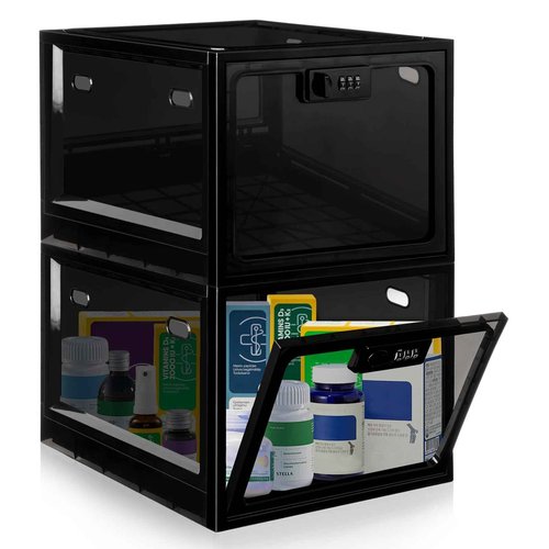 Medicine Lock Box with Code, 12.6L Large Lockable Storage Box for Medication, Snacks, Phone, and Electronics - BPA-Free, Clear Design with Charger Holes for Home, Office, Dorm, and Fridge