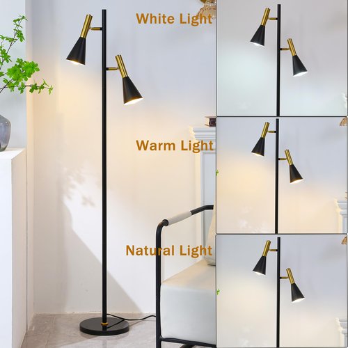 Asmymhd Modern Floor Lamp with 2 Adjustable Head Tall Pole Uplight for Living Room, Bedroom, Office,Gold and Black Corner Light for Reading (Black and Gold)