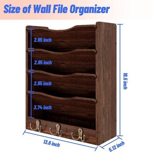 Senhoglb 5 Tier Hanging Wall File Holders Letter Size Wall File Organizer Wood Mail Organizer with 6 Hooks, Brown