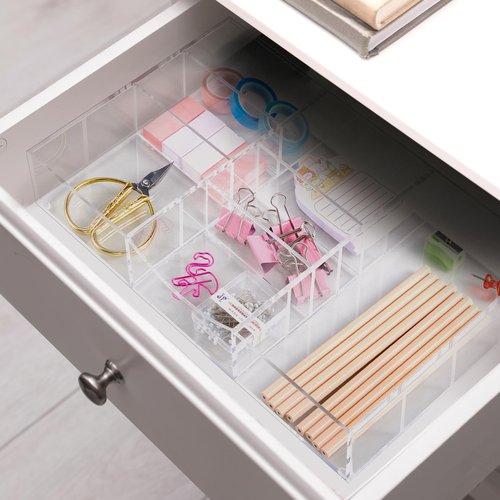 Briwooody Acrylic Drawer Organizer Clear Desk Drawer Organizer Trays with Adjustable Compartments Desk Accessories for Office Stationery Makeup Silverware Bathroom (Non Expandable)