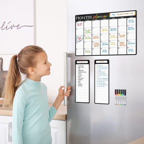 Magnetic Dry Erase Monthly Calendar - 17"x12" Monthly Calendar for Fridge - 4"x12" List Board 2 Pcs - 6 Extra Fine Point Markers Included - Shipped Flat