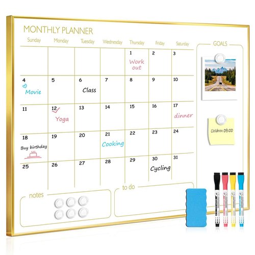 QUEENLINK Large Dry Erase Calendar Whiteboard for Wall, 36'' x 24'' Monthly White Board Planner with Gold Frame, Magetic Hanging Wipe Board for Home Office School Dorm