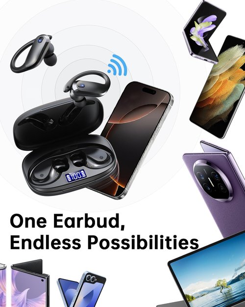 NDO Wireless Earbuds Bluetooth 5.3 Headphones Sport,IPX7 Waterproof Sports Earphones with Earhooks,48H Playtime,Lightweight 7.8g,Fast Charging Case,Noise Cancelling Mic for Running Gym Workout-Black