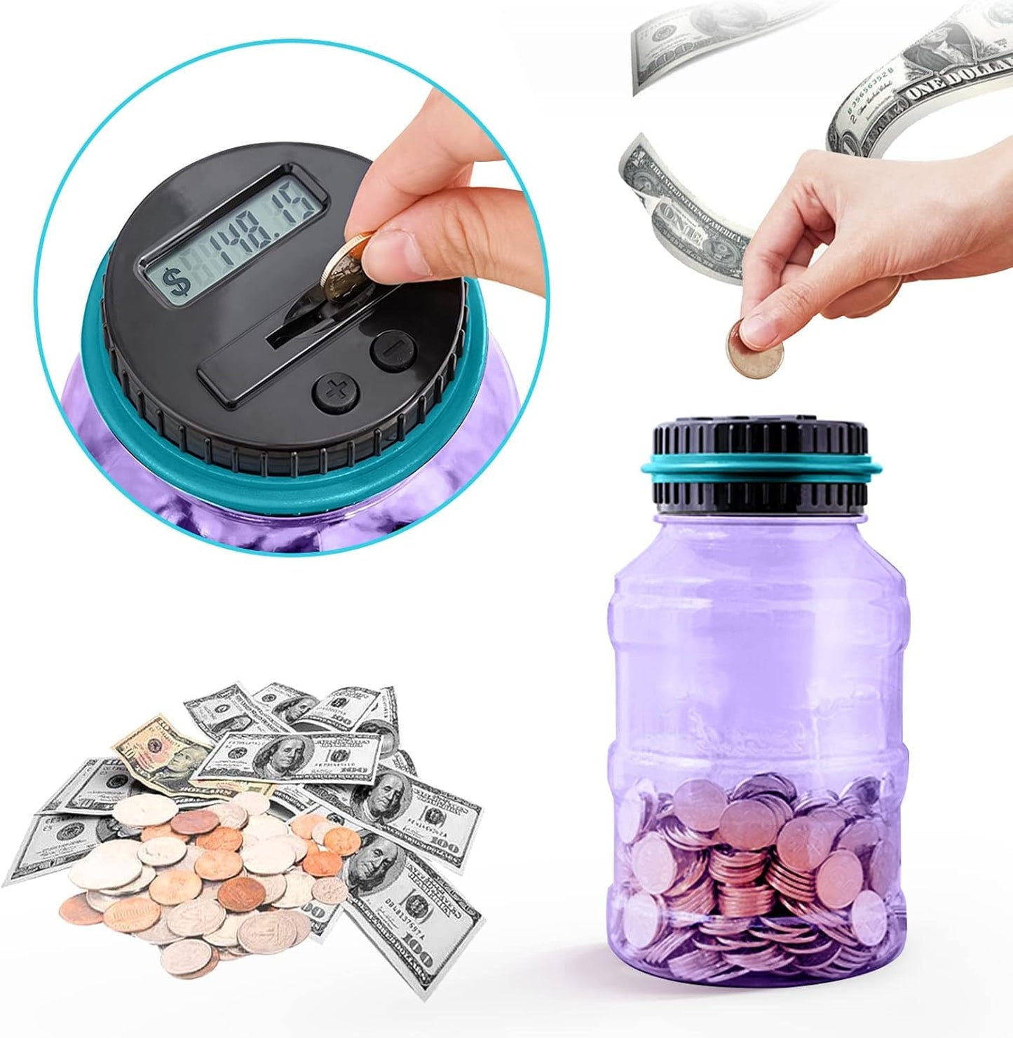Vcertcpl Digital Coin Counting Bank - 2-Piece Set with LCD Counter | 1.8L Capacity for All US Coins (Blue-Purple)