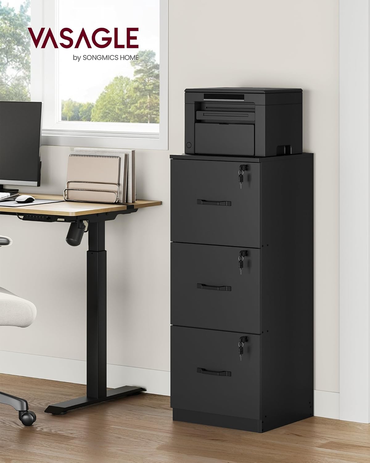 VASAGLE 3-Drawer Vertical File Cabinet - Lockable Storage for Home Office | Adjustable for A4 & Letter Size Files - Ink Black