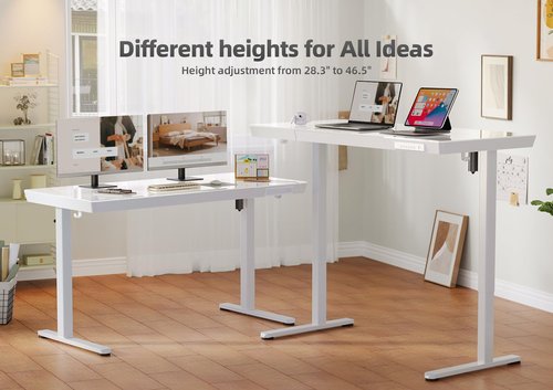 YDN Glass Standing Desk With Drawers, 48 x 24 Inch Electric Stand Up With USB Ports, Adjustable Height for Home Office, White
