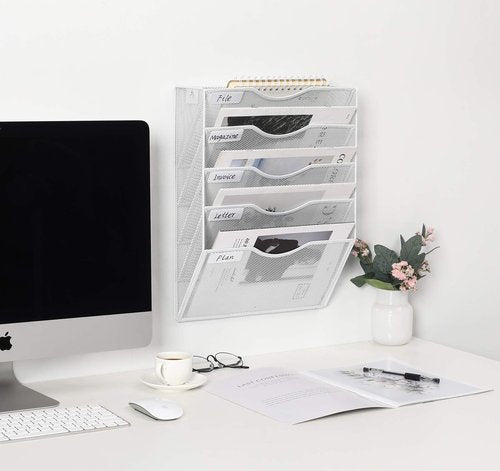 EasyPAG 5 Pocket Wall Mounted Mail Organizer, White | Metal Mesh Wall File Organizer | Hanging Magazine Document Holder with Label | Home Office Vertical Space Saving Paper Storage