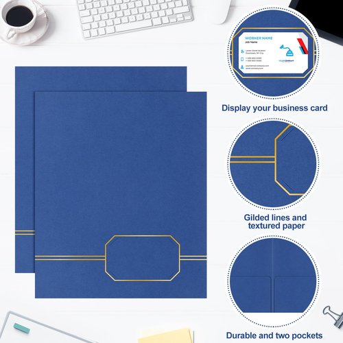 Kisston 10 Pack Executive Twin Pocket Folders Letter Size Blue with Gold Foil Trim Textured Folders with 2 Pockets for Home Business Office