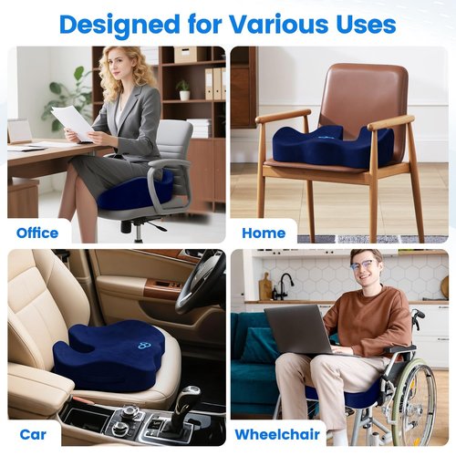 SofterCharm Seat Cushion with Carry Handle, Memory Foam for Tailbone/Sciatica Easing, Chair Cushions for Cars, Desks, Office Chair Cushion with Non-Slip Design, Ideal for Post-Surgery Recovery (Blue)