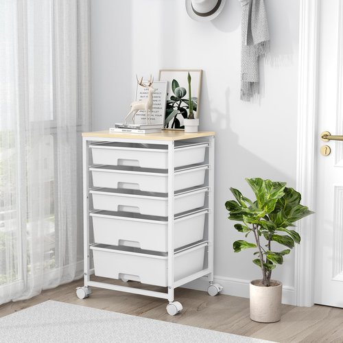 SYKIARIOL Utility Cart with 5 Drawers,Storage Drawer Cart with Wooden Tabletop and Lockable Wheels,Craft Storage Trolley Cart,5-Tier Rolling Utility Cart on Wheels,Bright White