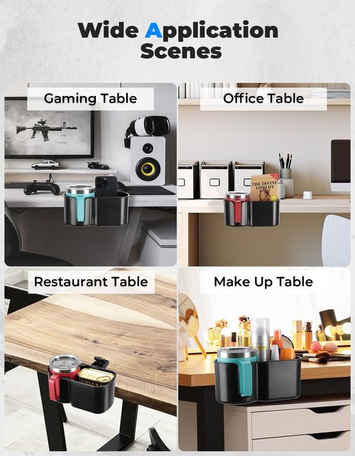 KEMIMOTO Desk Cup Holder, Caddy Table Organizer for Office Table, Lawn Chair, Golf Cart, Pontoon Boat, Suitable for Most 18-32 oz Bottles, Black