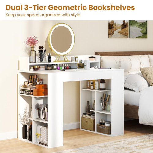 GOFLAME Computer Desk, 43” Home Office Desk with Power Outlets, Monitor Shelf, Bookshelf & Cable Hole, Modern Study Writing Desk, PC Workstation for Living Room Bedroom, White