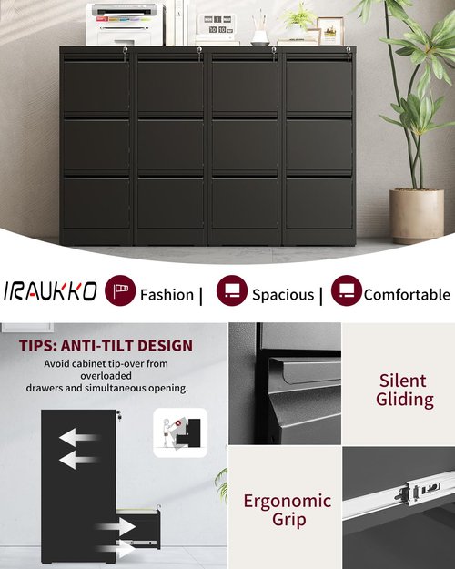 3 Drawer Office File Cabinets with Lock, Steel Filing Cabinets for Home Office, Office Storage Organizer, Metal Vertical Filing Cabinet for Letter/Legal/A4/F4 Size File, Assembly Require-Black
