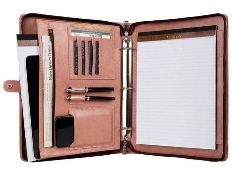 3-Ring Portfolio Padfolio for Women, Vegan Leather Binder, Pink, Zipper, Handmade Portfolio Organizer, Personalized for Lefty & Righty
