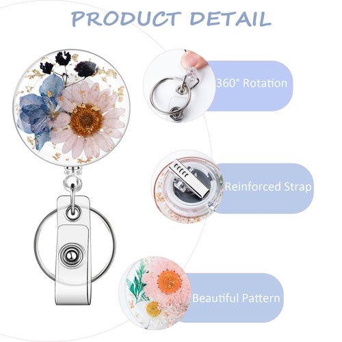 3 Pcs Flower Badge Reel Convenient Nurse Badge Reels Retractable with Key Ring Badge Holder Dried Floral Resin ID Badge Clip for Teacher Nurse Doctor Worker (Round)