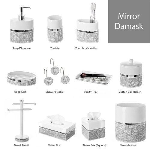 Creative Scents Mirror Damask Small Bathroom Trash Can 1.58 Gal / 6L - Decorative White and Gray Waste Basket - Durable Bathroom Wastebasket - Waste Bin for Powder Room Or Bedroom