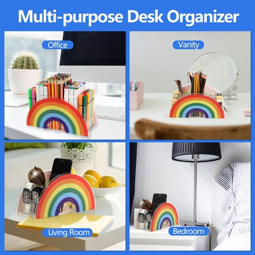 Flytreal Acrylic Pen Pencil Holder Clear Desk Organizer, Rainbow Home Office Desk Pen Storage Stand, Corner Desktop Stationery Organizer for Women Kids Students School Art Supplies