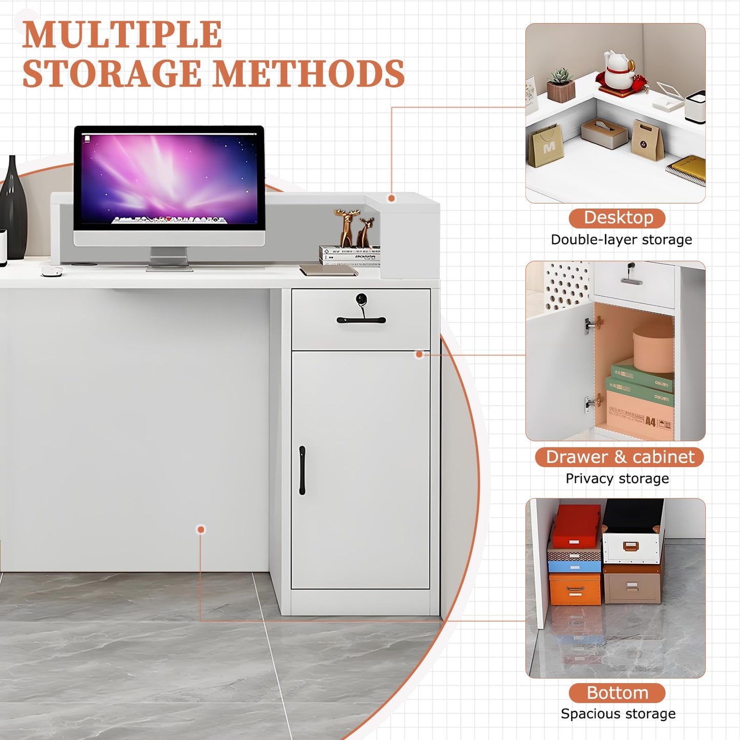 Modern Reception Desk with Drawer & Open Shelves, 39-95 Inch Front Counter Table, Computer Workstation Suitable for Salons, Offices, Lobbies, Retail Stores and Home Offices
