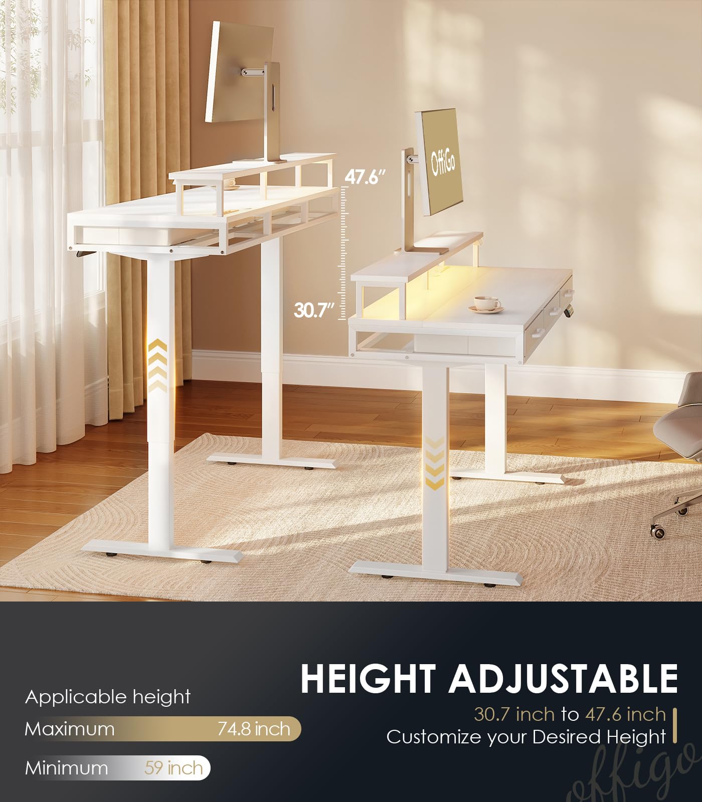 OffiGo Electric Standing Desk with Drawers, 55 Inch Height Adjustable Desk with Power Outlets & LED Lights, Sit Stand Table with Monitor Stand for Home, Office, Workstation, Rustic Brown